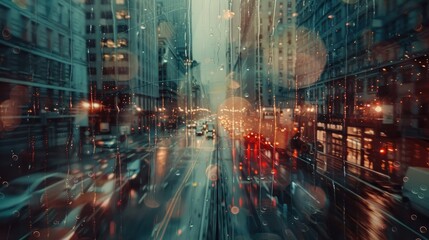 Obraz premium Double exposure image of a rainy day, combining cityscape elements with raindrop patterns to create a moody and artistic visual.