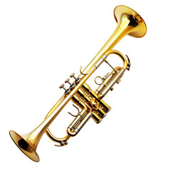 Naklejka premium A shining golden trumpet is prominently featured against a white background, highlighting its sleek design and craftsmanship, perfect for music lovers and enthusiasts