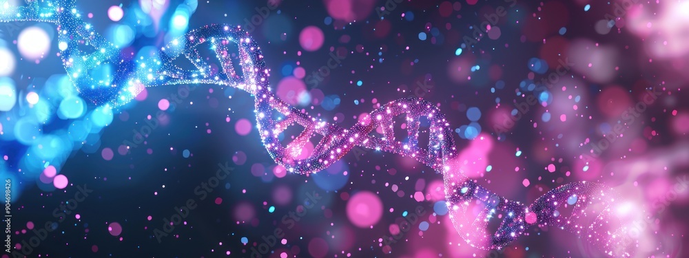 Poster abstract dna helix in vibrant neon colors with bokeh effect