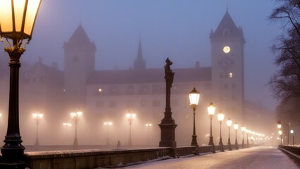 Obraz premium a bridge spanning over water with one tower lit up in the night,