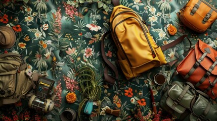Naklejka premium 155. Camping Gear, realistic style, colors full, floral pattern, high angle, ambient light, reflections,