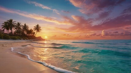 Golden hour paints the sky with vibrant hues as the sun dips below the horizon, casting a magical glow on the tranquil ocean and sandy shores