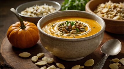 Fototapeta premium A delicious pumpkin soup served in a rustic bowl. The soup is creamy and golden in color, garnished with coconut cream and lightly toasted pumpkin seeds. Served with whole wheat bread and a mixed gree