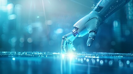Obraz premium Robotic Hand Touching Futuristic Interface