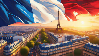 French flag with Paris 2024 summer olympic games logo, Eiffel tower in Paris France panorami 