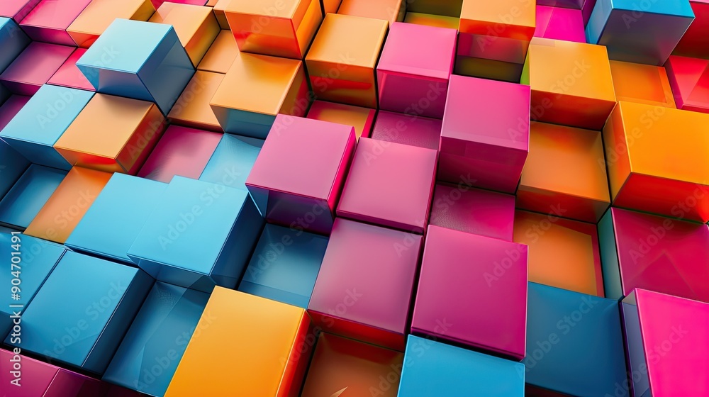 Poster randomly placed 3d cubes, creating an abstract visual with depth, shadow, and contrasting colors.