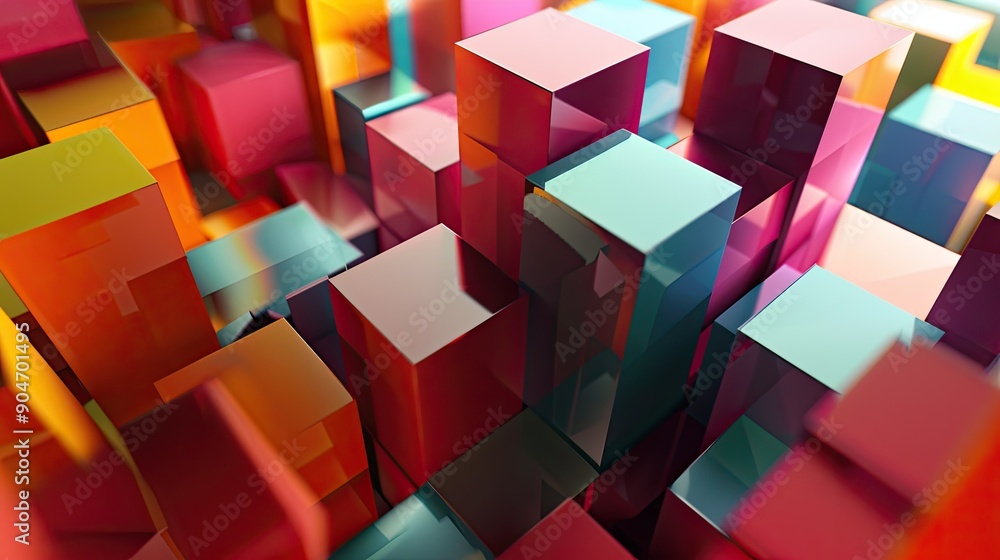Poster randomly placed 3d cubes, creating an abstract visual with depth, shadow, and contrasting colors.