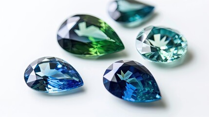 Pear-shaped teal, green, and blue sapphires elegantly displayed on a pristine white background.