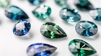 Pear-shaped teal, green, and blue sapphires elegantly displayed on a pristine white background.