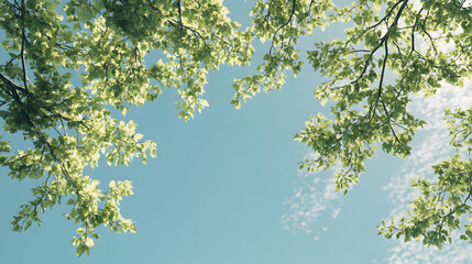 Fototapeta premium Sunlit leaves against a bright blue sky, capturing the essence of spring and summer in a vibrant, natural setting