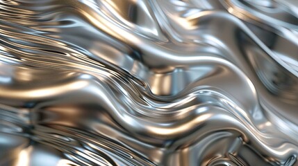 Shimmering metallic 3D waves, flowing in a dynamic pattern that conveys fluidity and continuous motion.