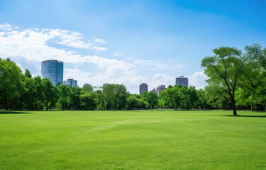 Serene City Park with Lush Greenery and Skyline