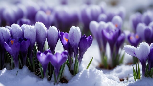  purple crocant flowers on snow in the sun,