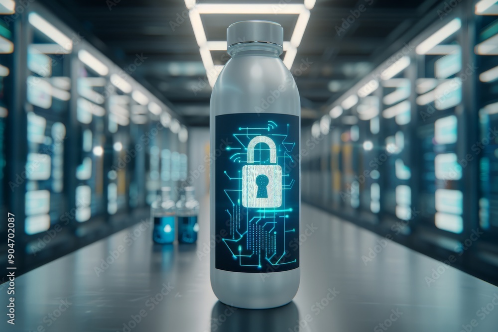 Aufkleber neon-illuminated water bottle in a high-tech environment with secure digital padlock