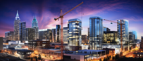 Fototapeta premium Urban Growth: Skyscrapers and Cranes Against Twilight Sky