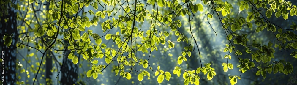 Poster spring forest with a canopy of fresh green leaves, sunlight filtering through, creating intricate pa