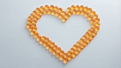 Obraz premium fish oil pills arranged in a heart shape on a reflective surface, with the background slightly blurred