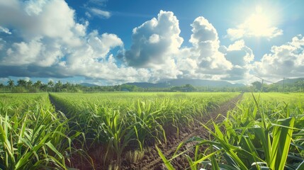Sugarcane fields, high-tech farming equipment, modern agricultural techniques, sunny day