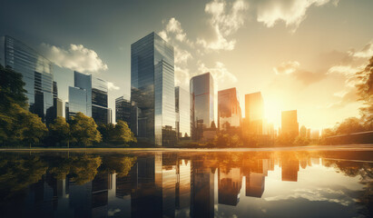 Obraz premium Urban Oasis: Reflective Cityscape at Sunset