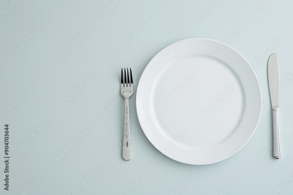 Poster high-resolution capture of a sparse dining setup, single place setting, white tablecloth,