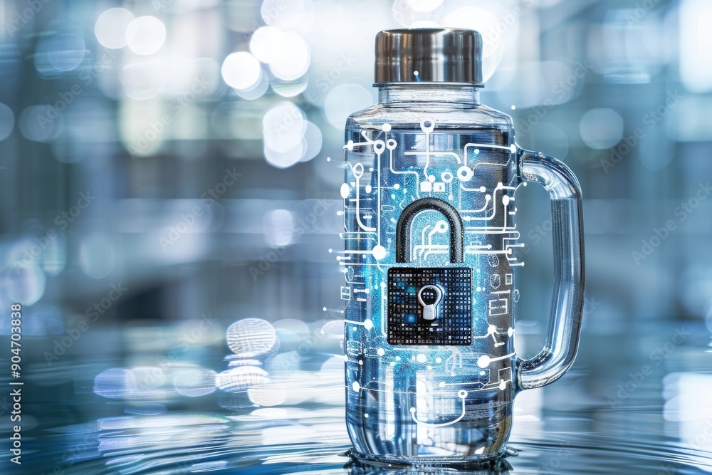 Poster high-tech water bottle display with futuristic encryption design