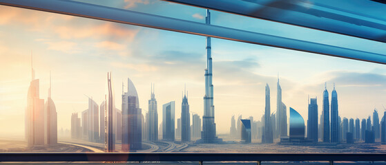 Obraz premium Sunrise Over Futuristic Metropolis Panorama