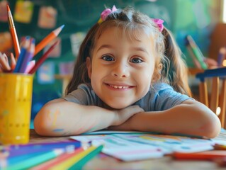 Happy little girl learning to draw with a color pencil, lively art class, colorful surroundings, playful atmosphere, watercolor style