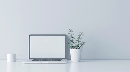 Ultra-sharp image of a simple workspace, sleek laptop, white desk, nothing else,