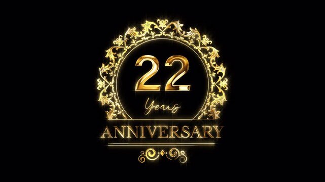 22nd Anniversary Celebration. Happy 22 Years Anniversary Animation in Gold Color on the Transparent Background, Alpha Channel. Great for greetings, celebrations, events, and gifts.