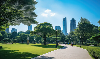 Serene City Park Walkway Amidst Skyscrapers