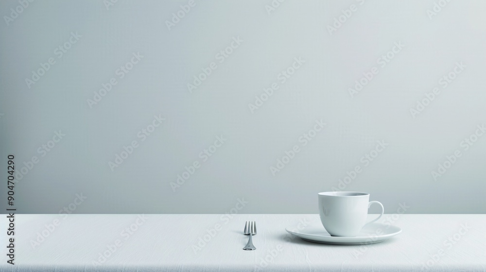 Poster high-resolution capture of a sparse dining setup, single place setting, white tablecloth,