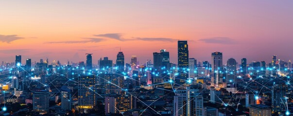 Obraz premium Cityscape at Sunset with Network Connections