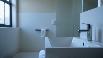  the bathroom has a sink, white towels and orange bowl on the counter,