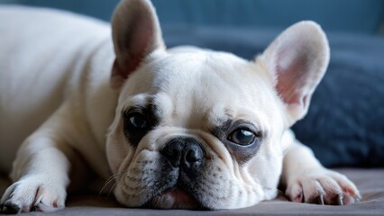 Fototapeta premium a brown and white boxer dog lies on the bed,