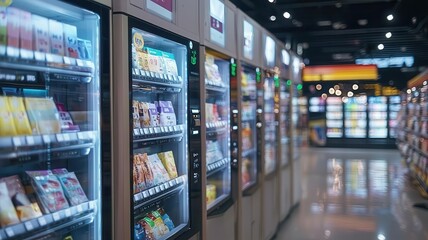 AI-driven vending machines offering personalized product recommendations in a high-tech shopping mall