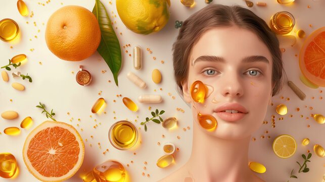 Radiant Skin with DHEA Extract Surrounded by Sophisticated DHEA Supplements and Wellness Products