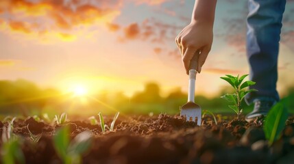 Fototapeta premium Hand Gardening at Sunrise with Seedlings