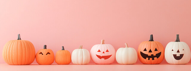 Jack's pumpkins lay garlanded on a pink isolated background. Decorating for halloween day celebration.