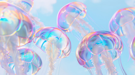 Obraz premium 3D colorful glass textured jellyfishes floating in the air with futuristic pop style fashion dreamy background