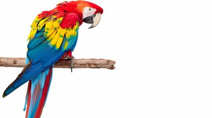 Fototapeta premium Parrot with multicolored feathers on a branch, isolated clean background, generous text space, vibrant and engaging design