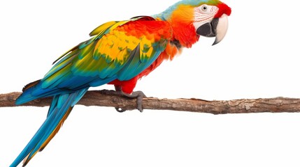 Fototapeta premium Parrot with multicolored feathers on a branch, isolated clean background, generous text space, vibrant and engaging design
