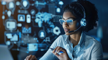 Technical support specialist assisting a customer via a laptop, surrounded by digital technology and internet connectivity icons