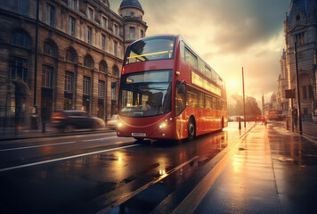 Iconic Red Bus in Rainy Dusk Cityscape