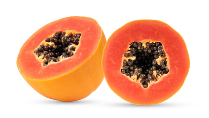 half  ripe papaya fruit with seeds  on transparent png