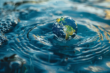 World Water Day concept. Globe in a clean water drop with blue water ripples, environment and ecology theme