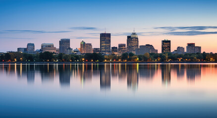 Obraz premium Serene Cityscape Reflection at Twilight