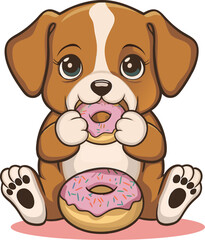Puppy eating Donuts On Hand. Cute Cartoon Style Puppy Sticker.