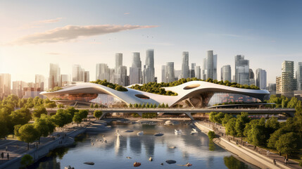 Naklejka premium Futuristic Waterfront Architecture of Tomorrow