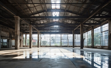 Spacious Abandoned Industrial Warehouse Interior