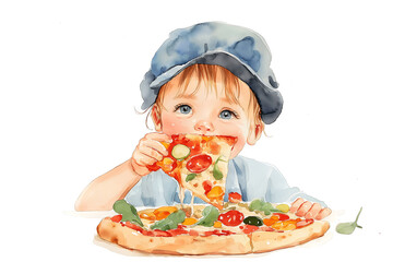 A young boy is eating a slice of pizza